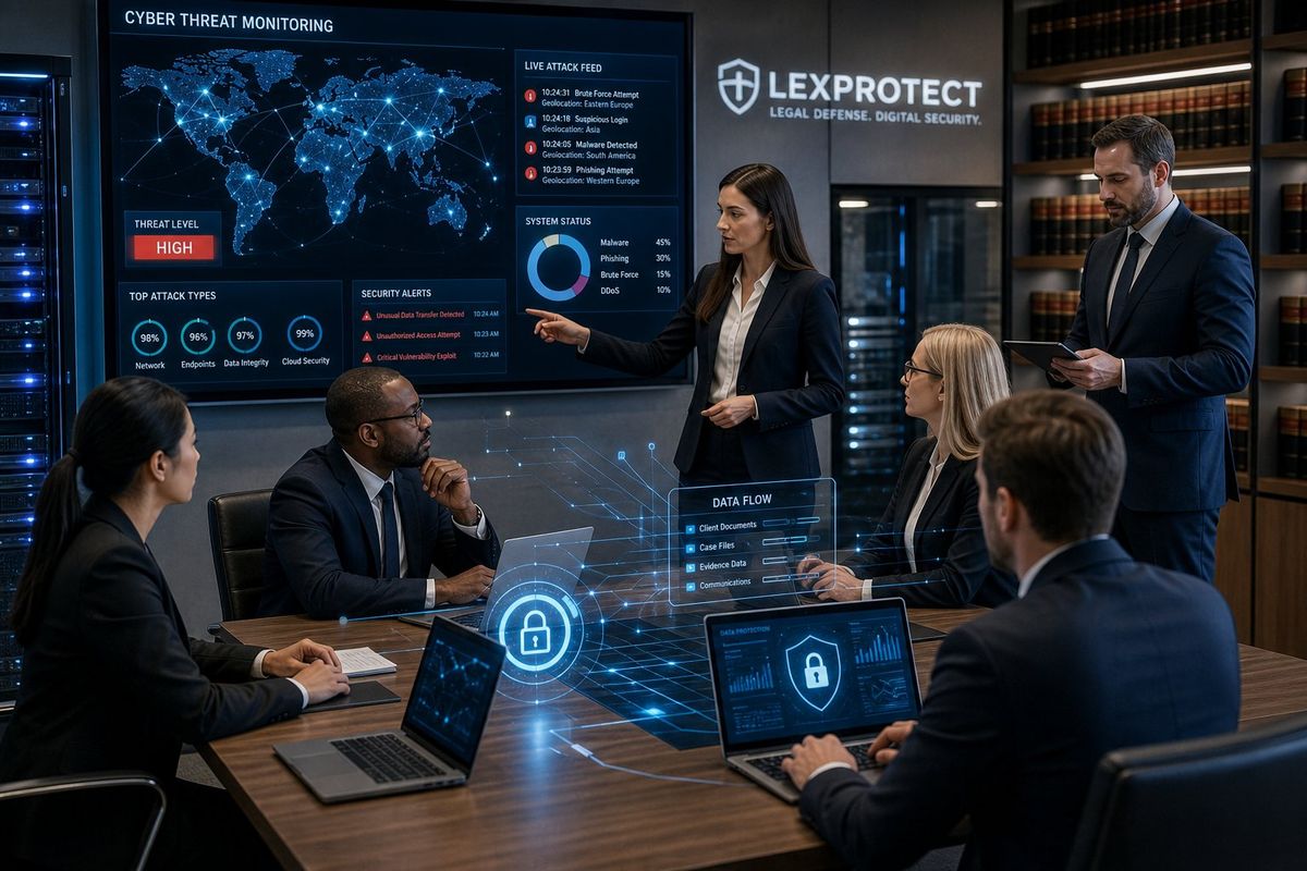 Legal professionals working together in an office with digital screens showing cybersecurity data and alerts.