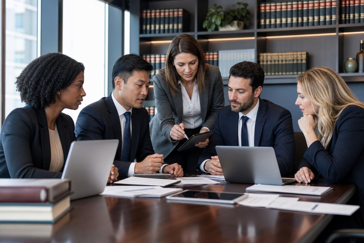 A group of professionals in a law firm office discussing and reviewing technology options around a conference table.
