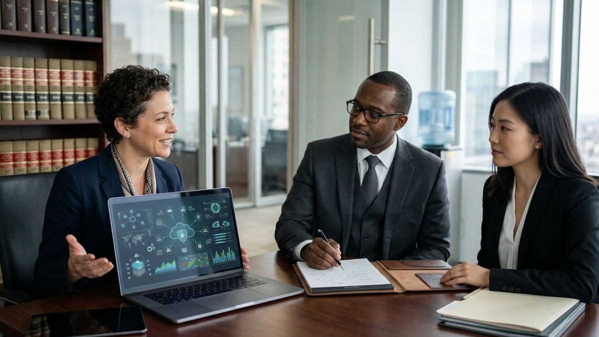 Law firm partners reviewing IT consulting for law firms controls in a NYC office