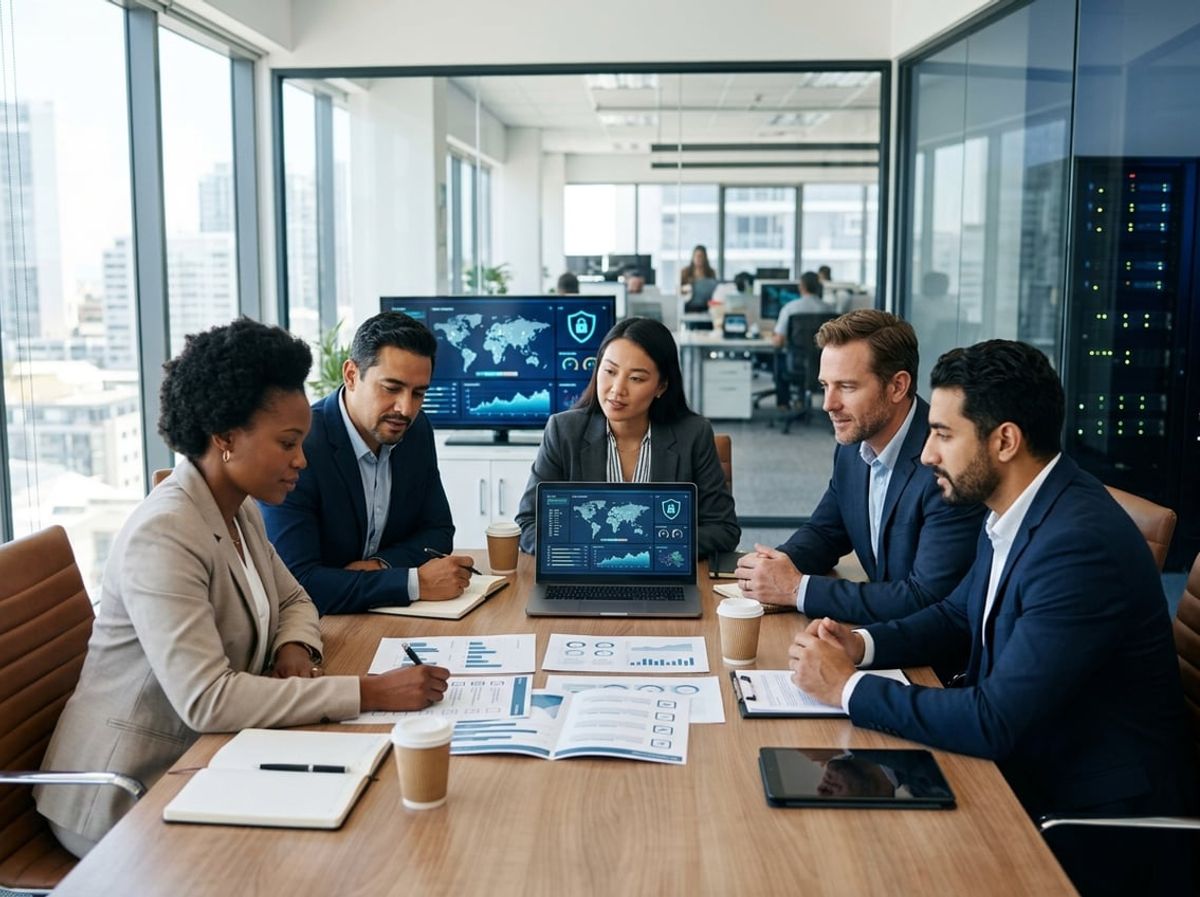 Coworkers gather around a laptop showing cloud storage and project file backups