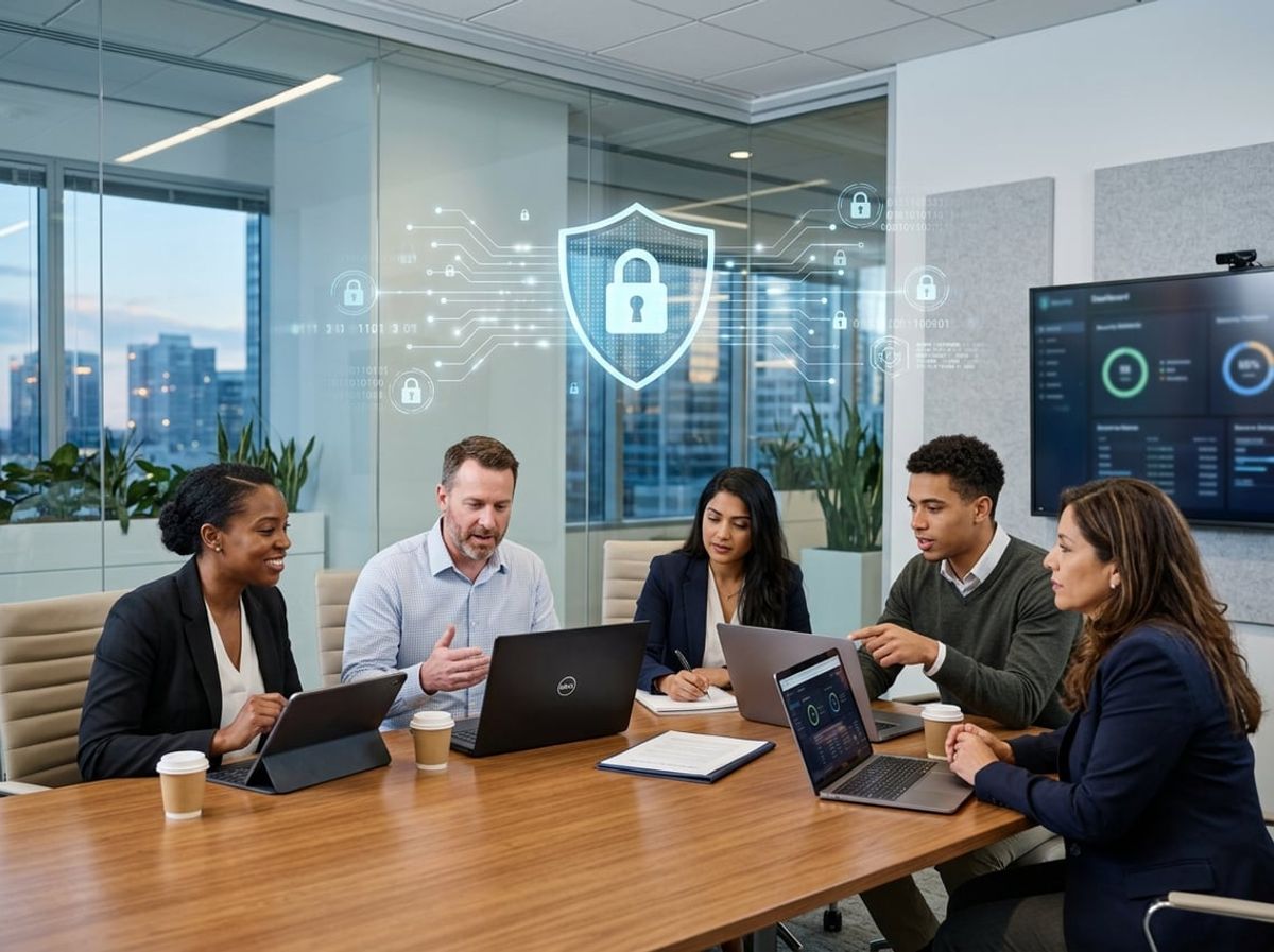 Attorneys and IT staff discussing data breach risk around a laptop and security dashboard