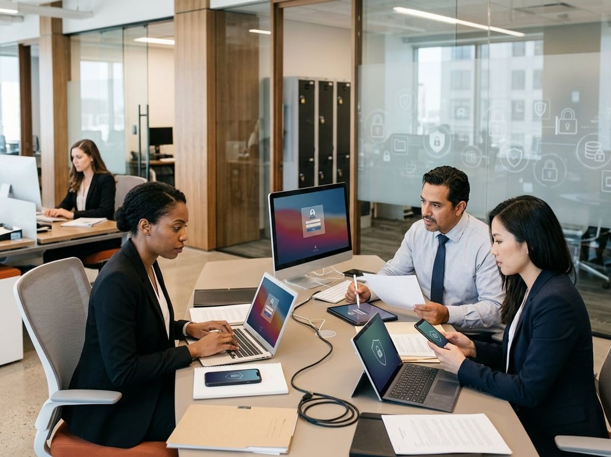 Attorney balancing a smartphone and laptop while working at a shared conference table