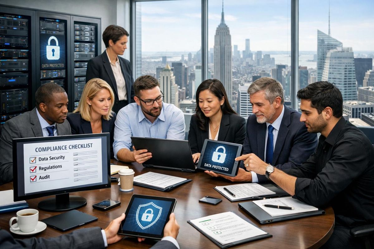 A group of legal and IT professionals working together in a modern office with laptops and digital devices, with a city skyline visible through large windows.