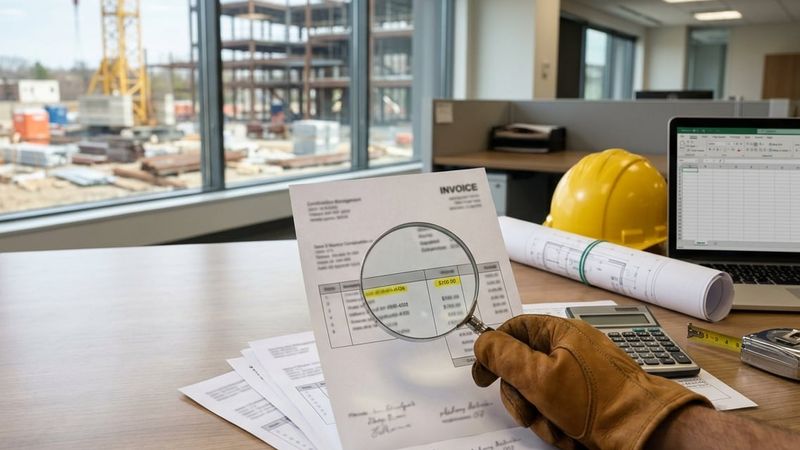 Office worker reviewing subcontractor invoices on a computer screen, watching for construction invoice fraud
