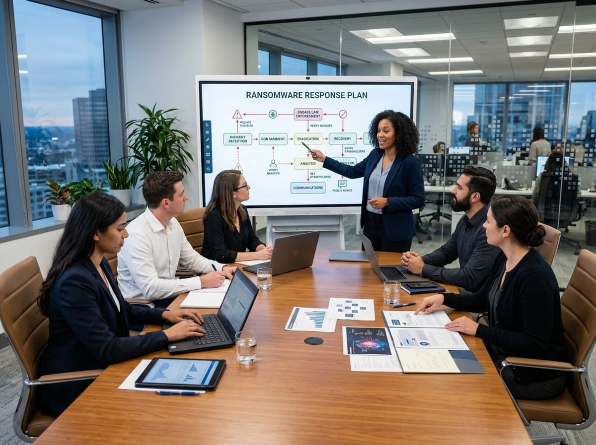 Colleagues gather around a screen answering common questions about ransomware obligations