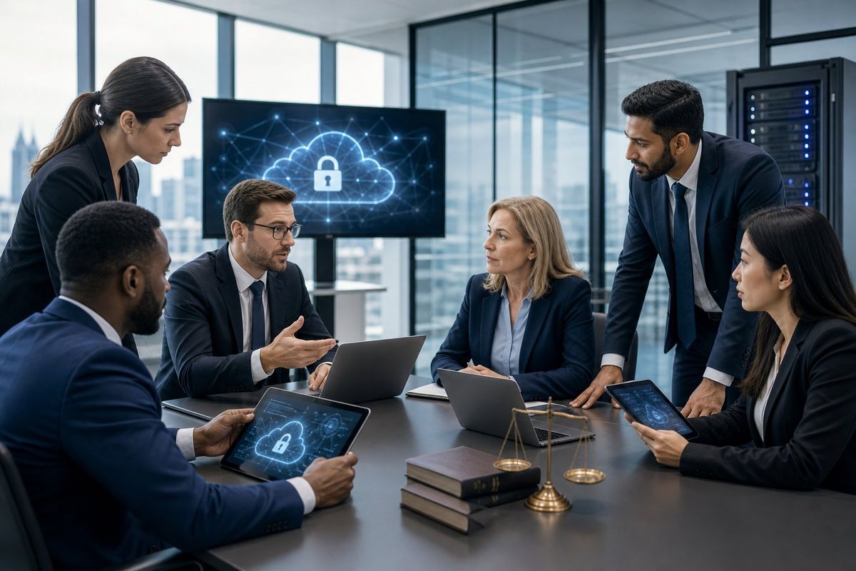 A group of professionals in a law firm office collaborating around a table with laptops and digital devices, discussing cloud technology and cybersecurity.