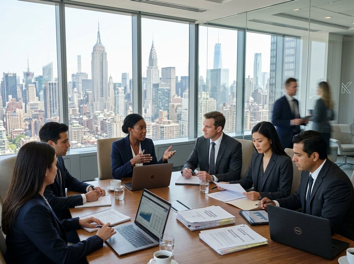 Law firm staff discussing third-party vendor risks with the New York City skyline behind them