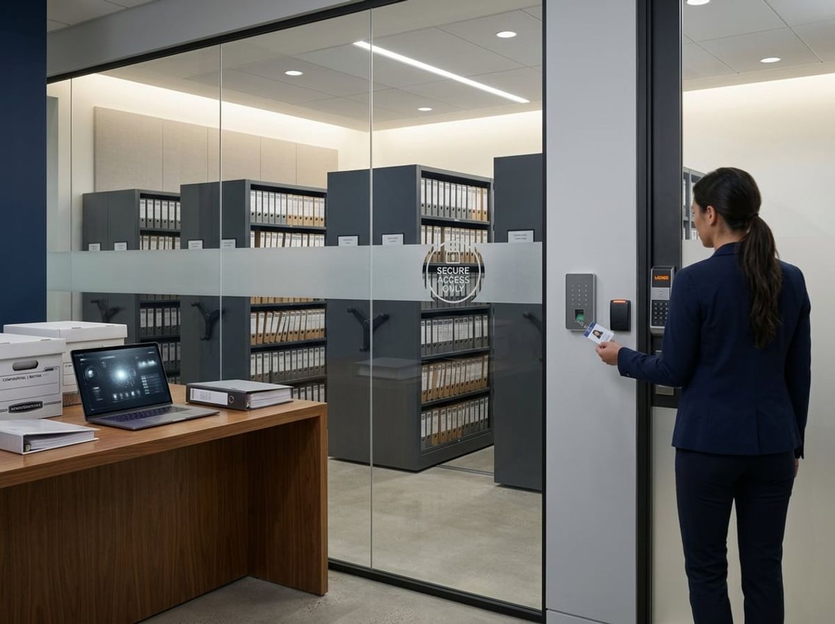 Glass partition and locked cabinets separating case files to prevent conflict-of-interest access