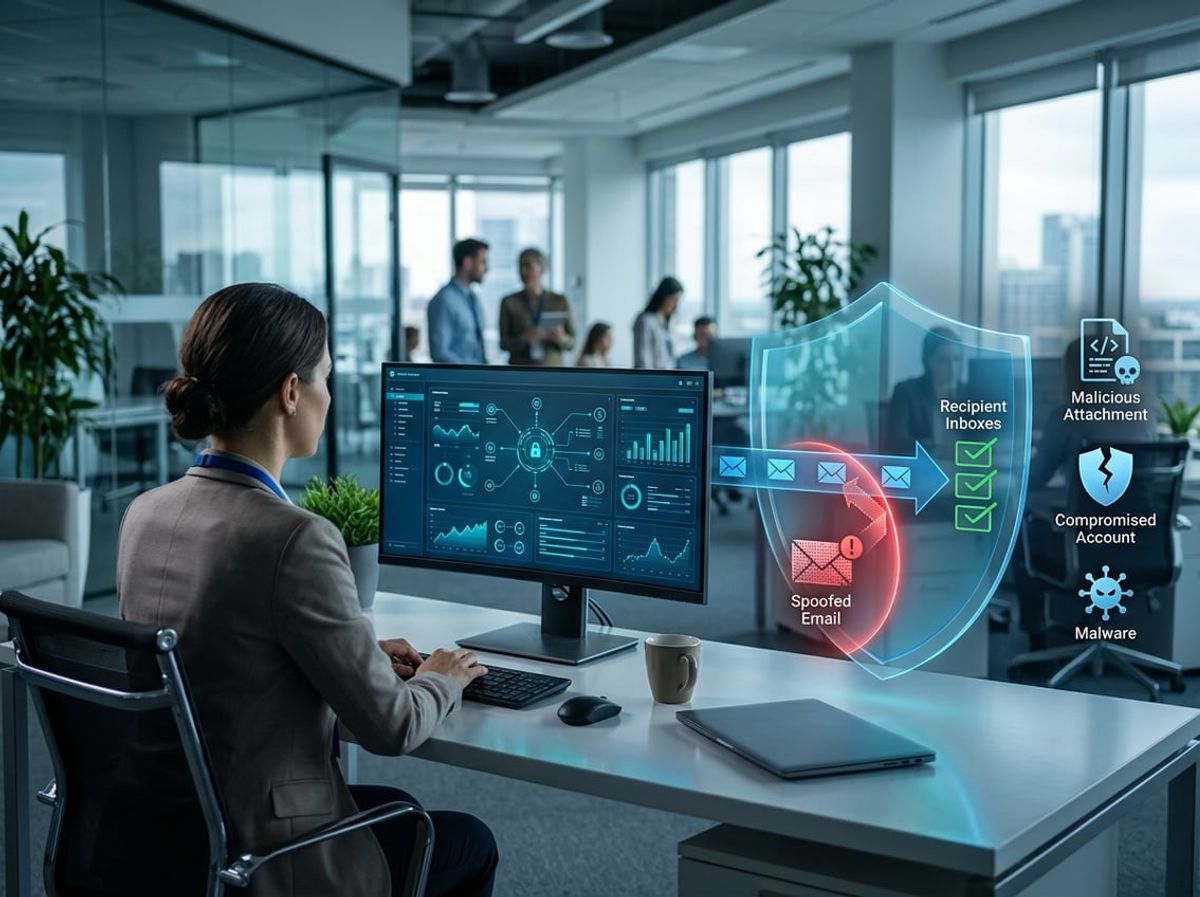 Cybersecurity professional comparing protected and flagged email activity on a monitor