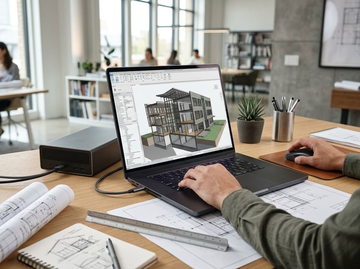 Close view of a laptop screen rendering a detailed 3D building model in a studio