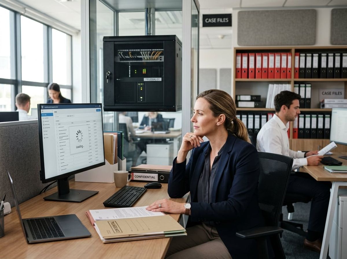 Attorney tapping fingers at a desk while an office server stack hums in the background