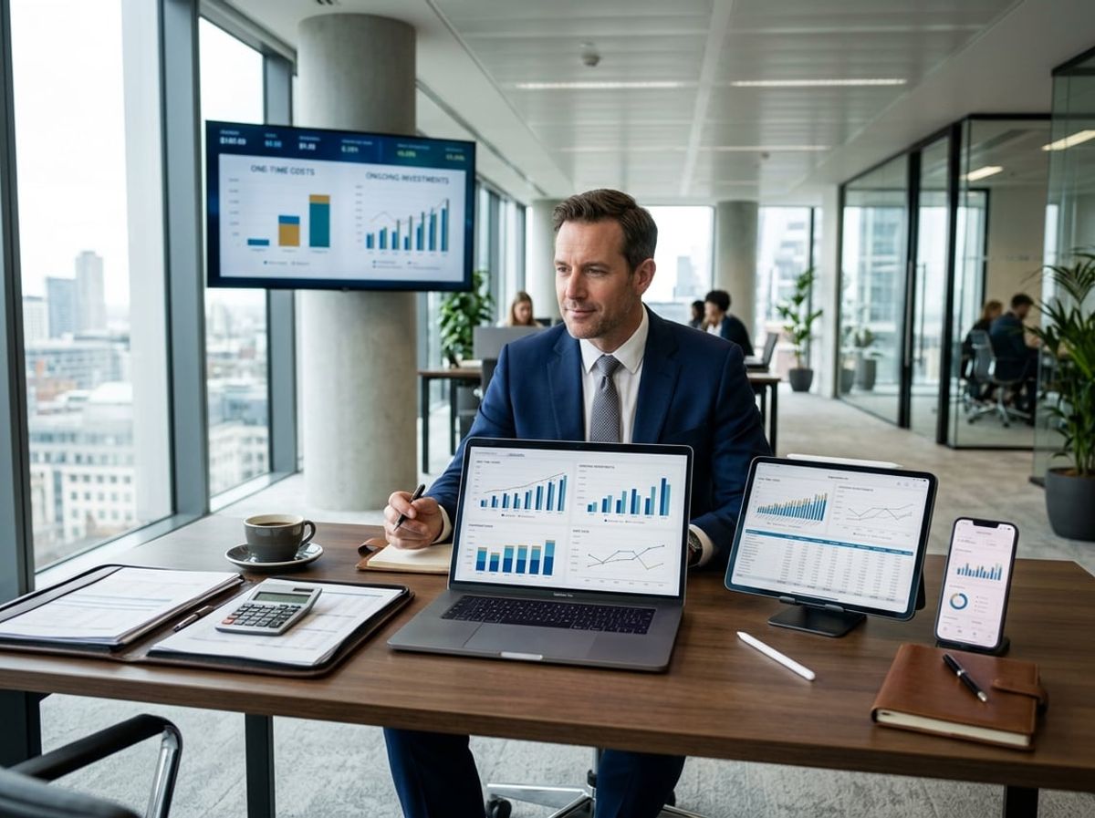 A businessperson in a law firm office reviewing financial data on digital devices with charts and documents on the desk.