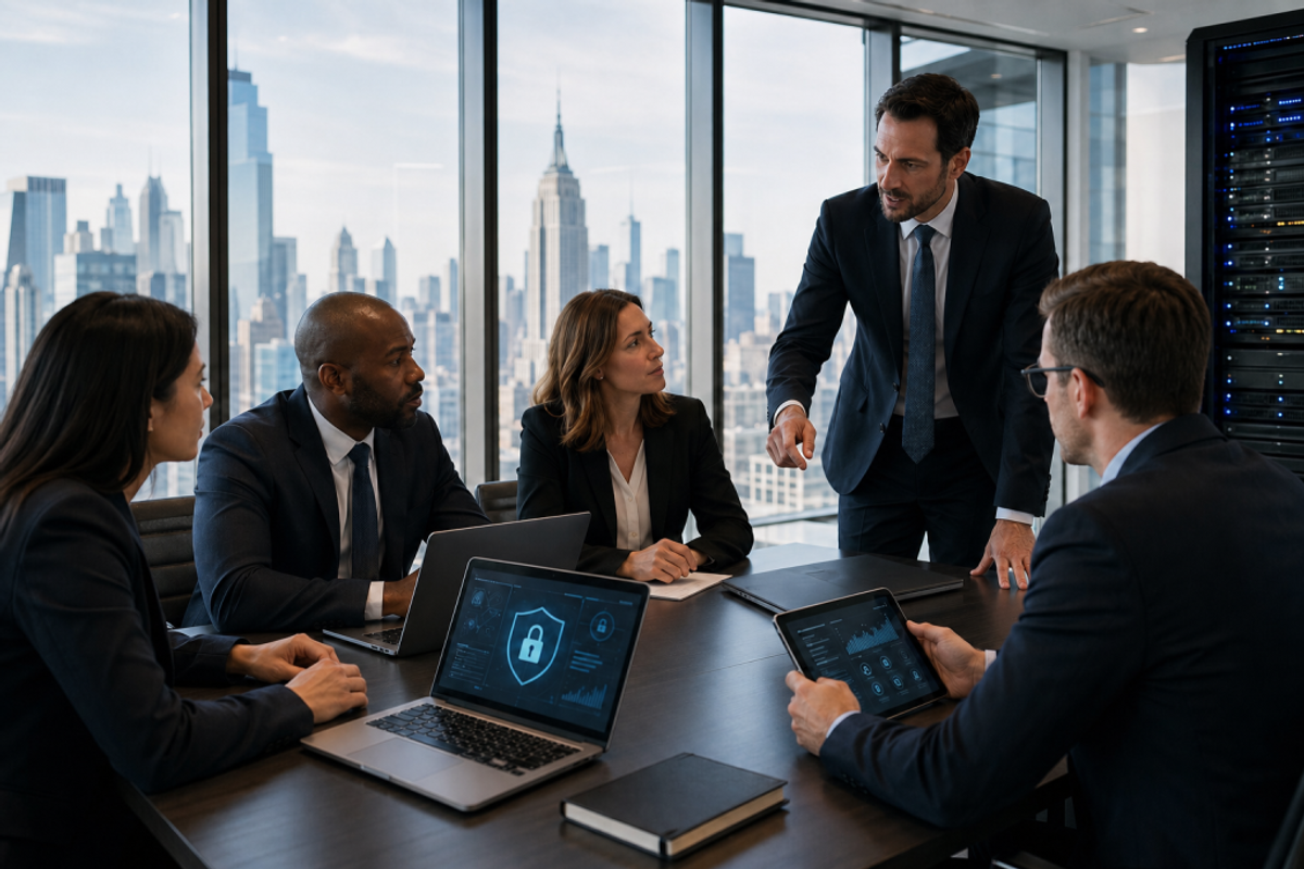 Business professionals in a law firm office collaborating with laptops and digital devices, with a New York City skyline visible through large windows.
