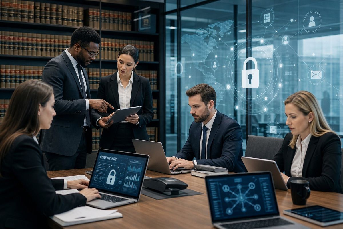 Legal professionals working together in a modern office with laptops and digital devices showing cybersecurity data.