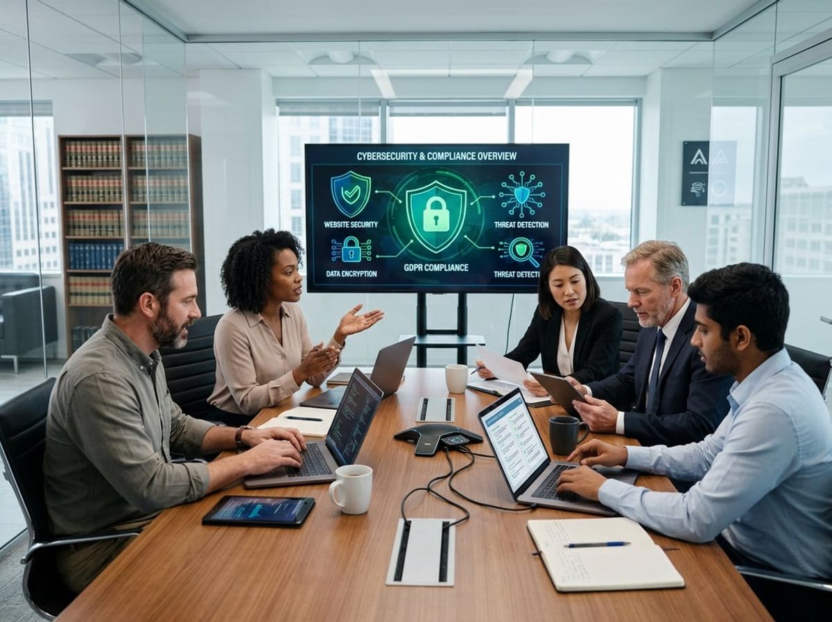 Law firm colleagues reviewing compliance documentation with cybersecurity graphics on screen