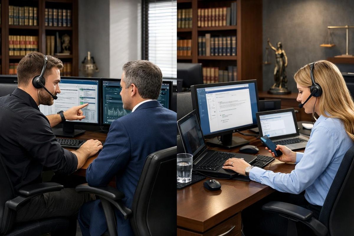 Two IT support desks in a law firm office, one with a focused specialist helping a lawyer and the other with a generic help desk representative multitasking.
