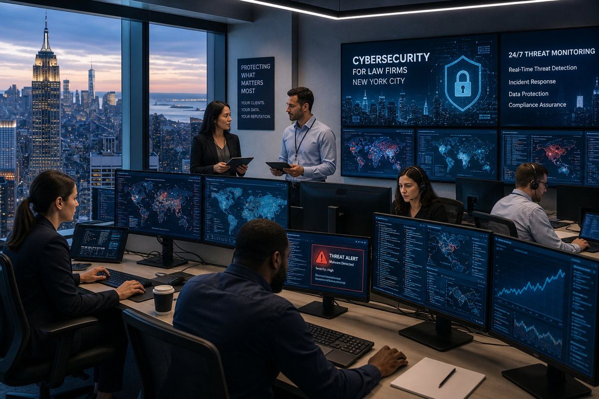 IT security professionals monitoring cybersecurity threats in a modern office with large screens and a view of New York City.