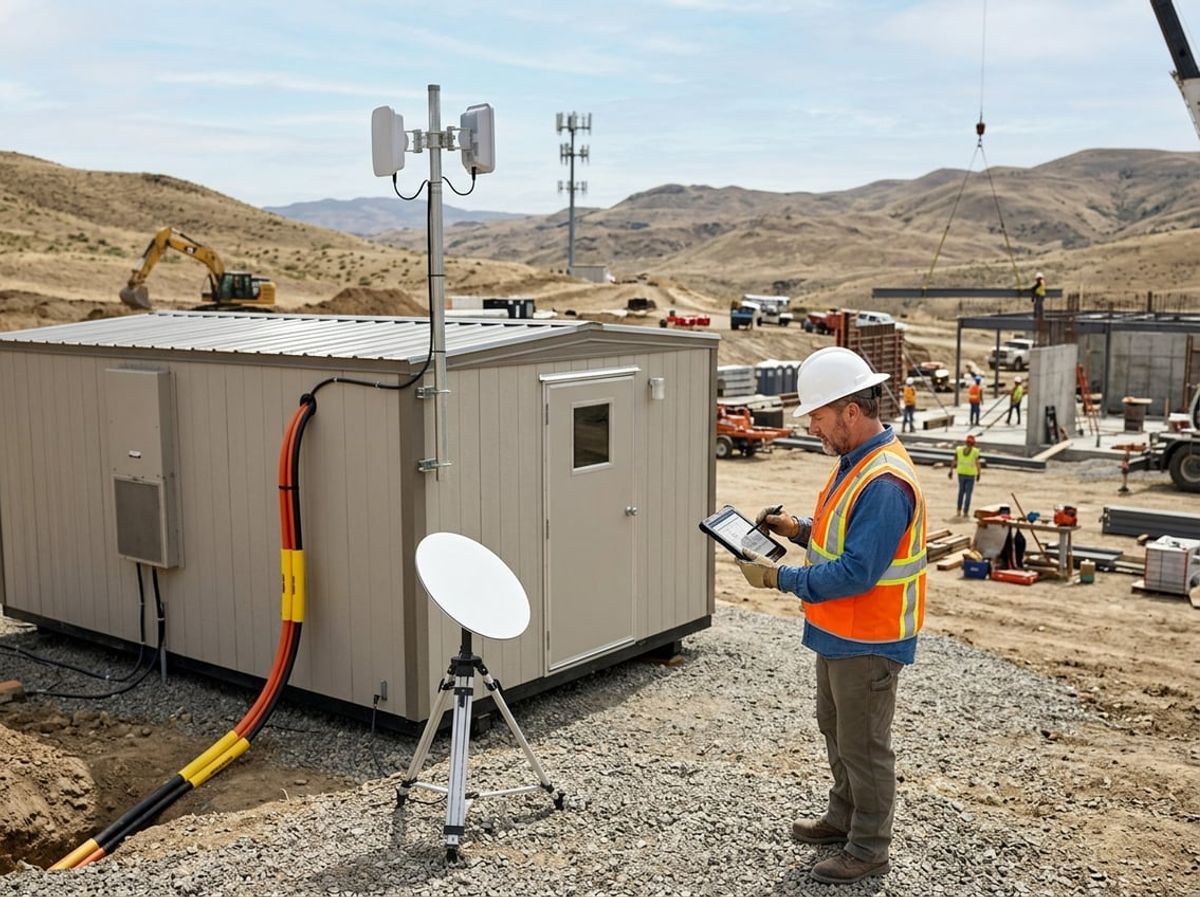 Trailer setup with a satellite dish alongside cellular equipment for job site internet coverage