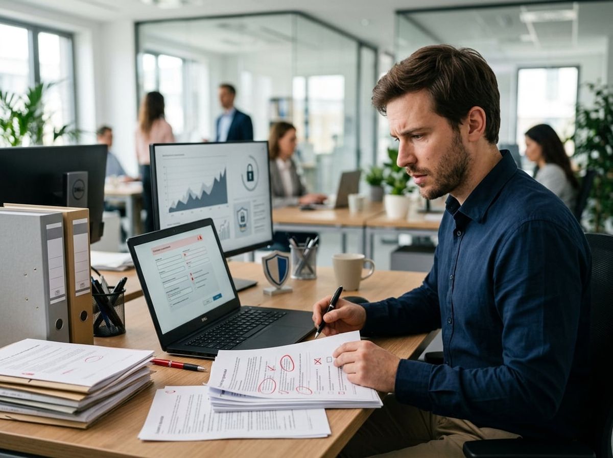 IT specialist checks questionnaire responses on a laptop while flagging inconsistent security answers