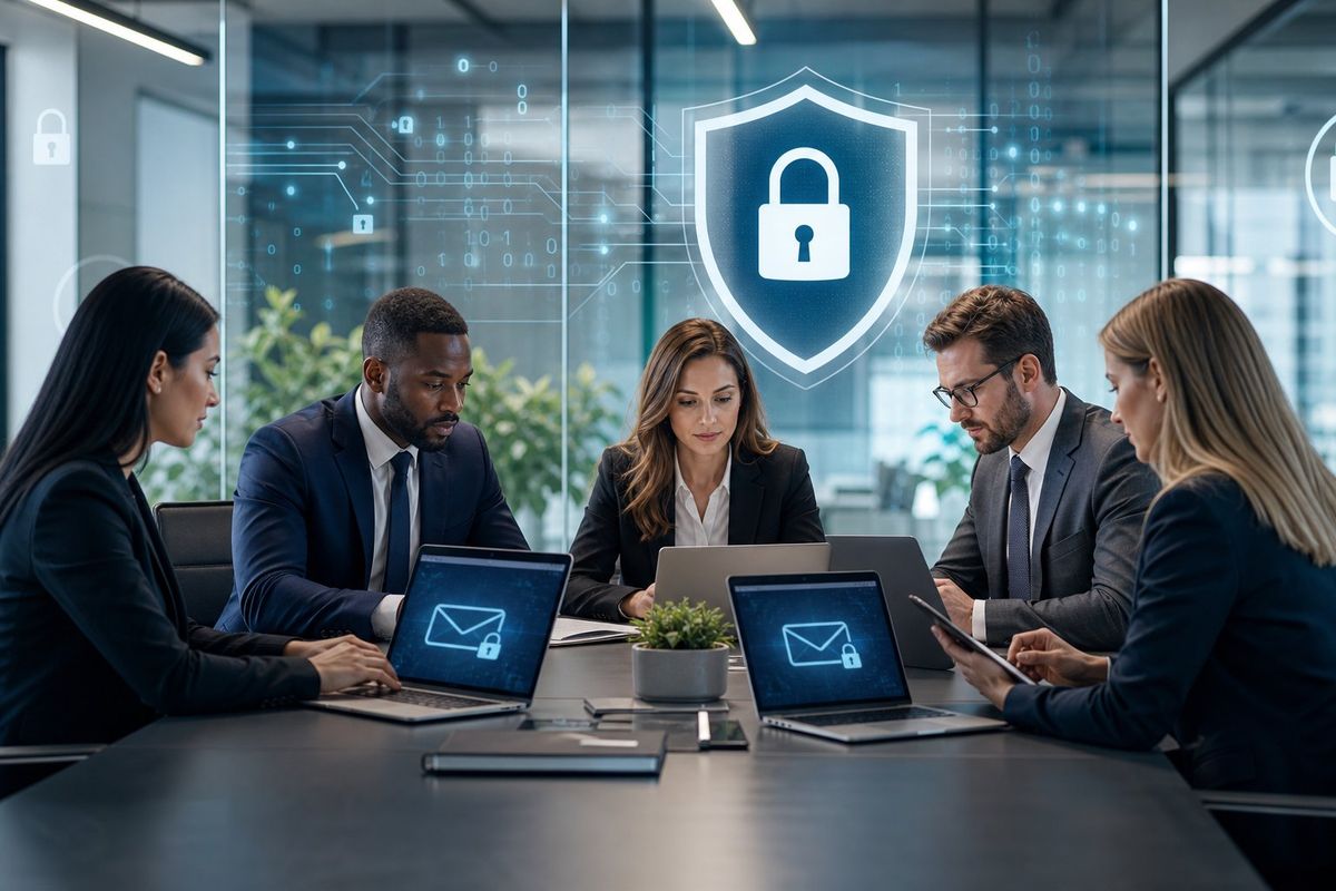 A group of legal professionals working together in a modern office with laptops showing secure email interfaces and cybersecurity symbols.