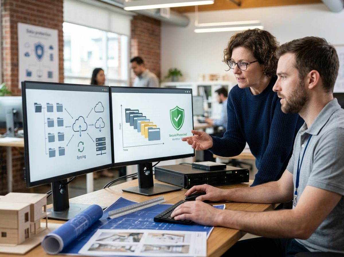 Architect and technician checking backup status for active Revit and AutoCAD project files