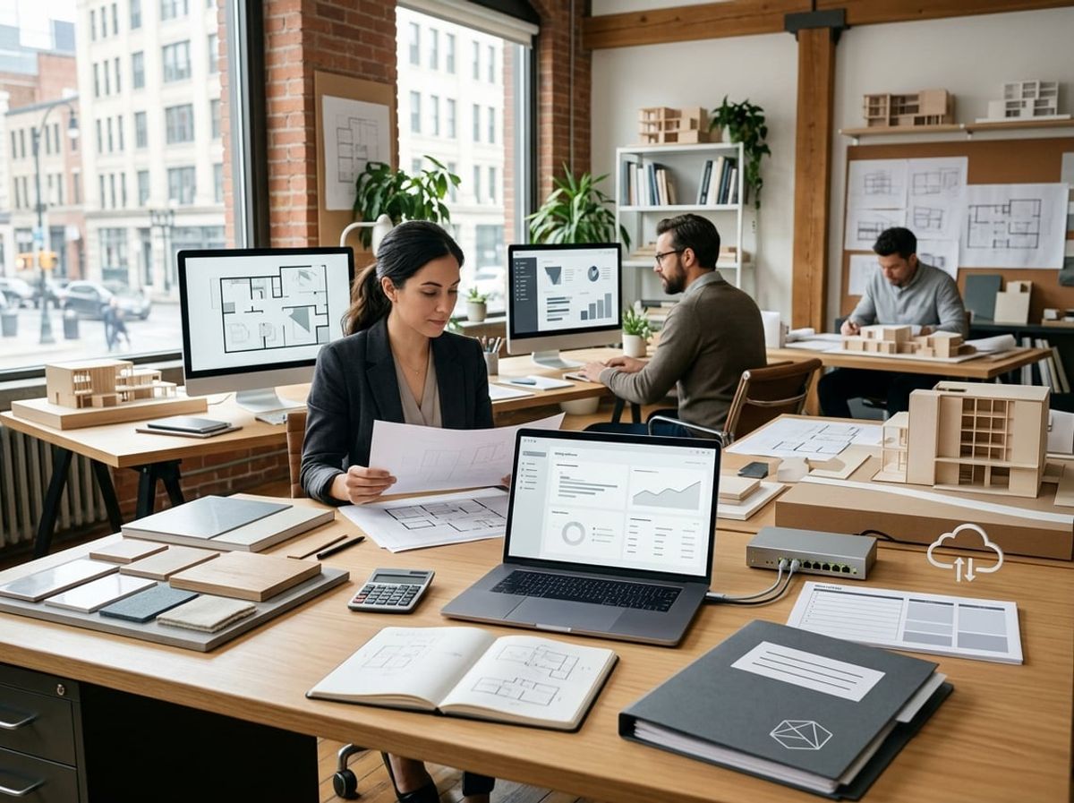 Architects work near organized server equipment as billing documents sit on a nearby desk