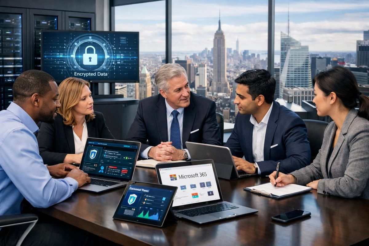 A group of professionals working together in a law firm office with laptops and digital devices, with a view of the New York City skyline through large windows.