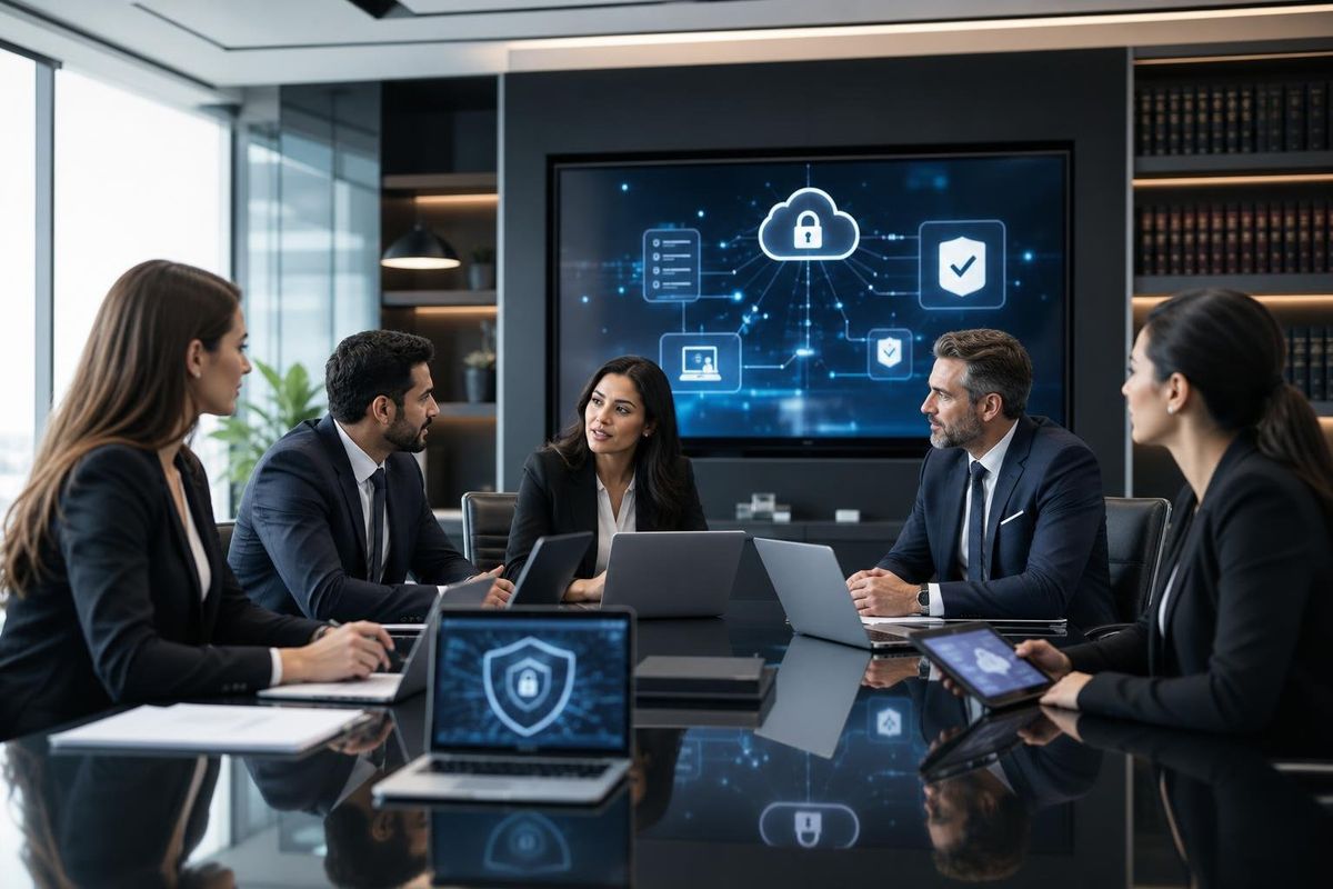 A group of legal professionals working together in a law firm office with laptops and a large screen showing data backup and compliance symbols.