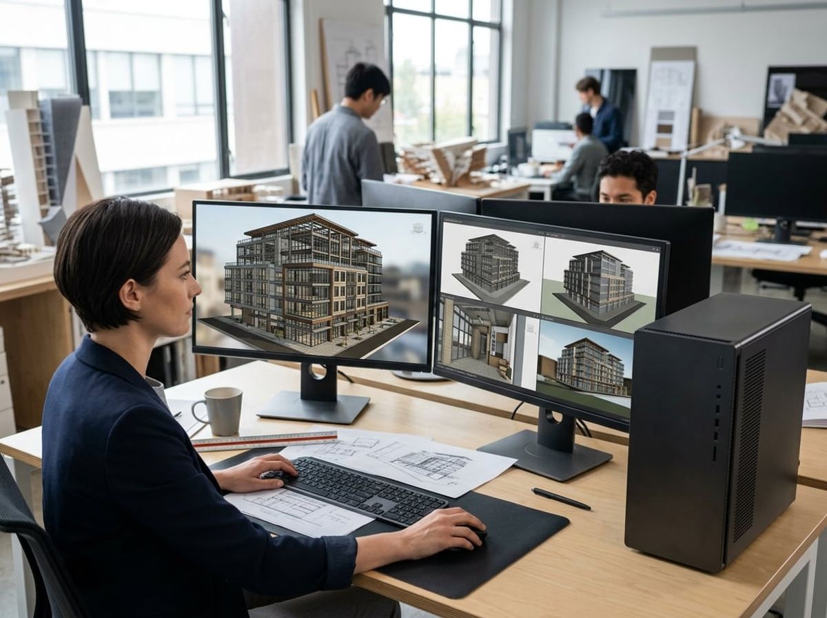 Dual monitors show a coordinated building model during a consultant clash detection review