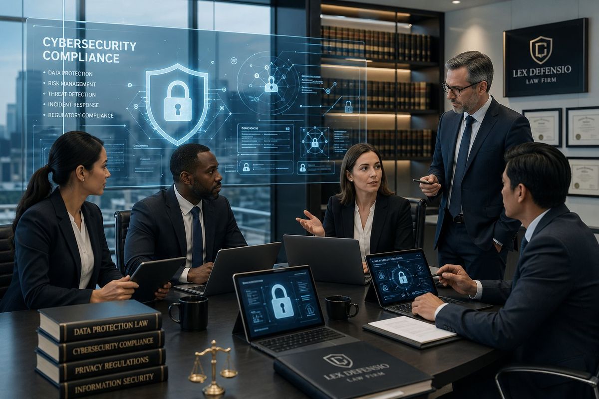 A group of professionals in a law firm office collaborating with laptops and digital security graphics visible on screens in the background.