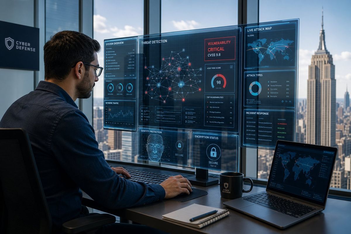 A cybersecurity expert analyzing digital data screens in an office with a New York City skyline visible through the windows.