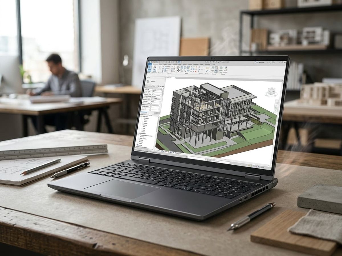 Laptop chassis open on a desk showing a rendered building model on its display