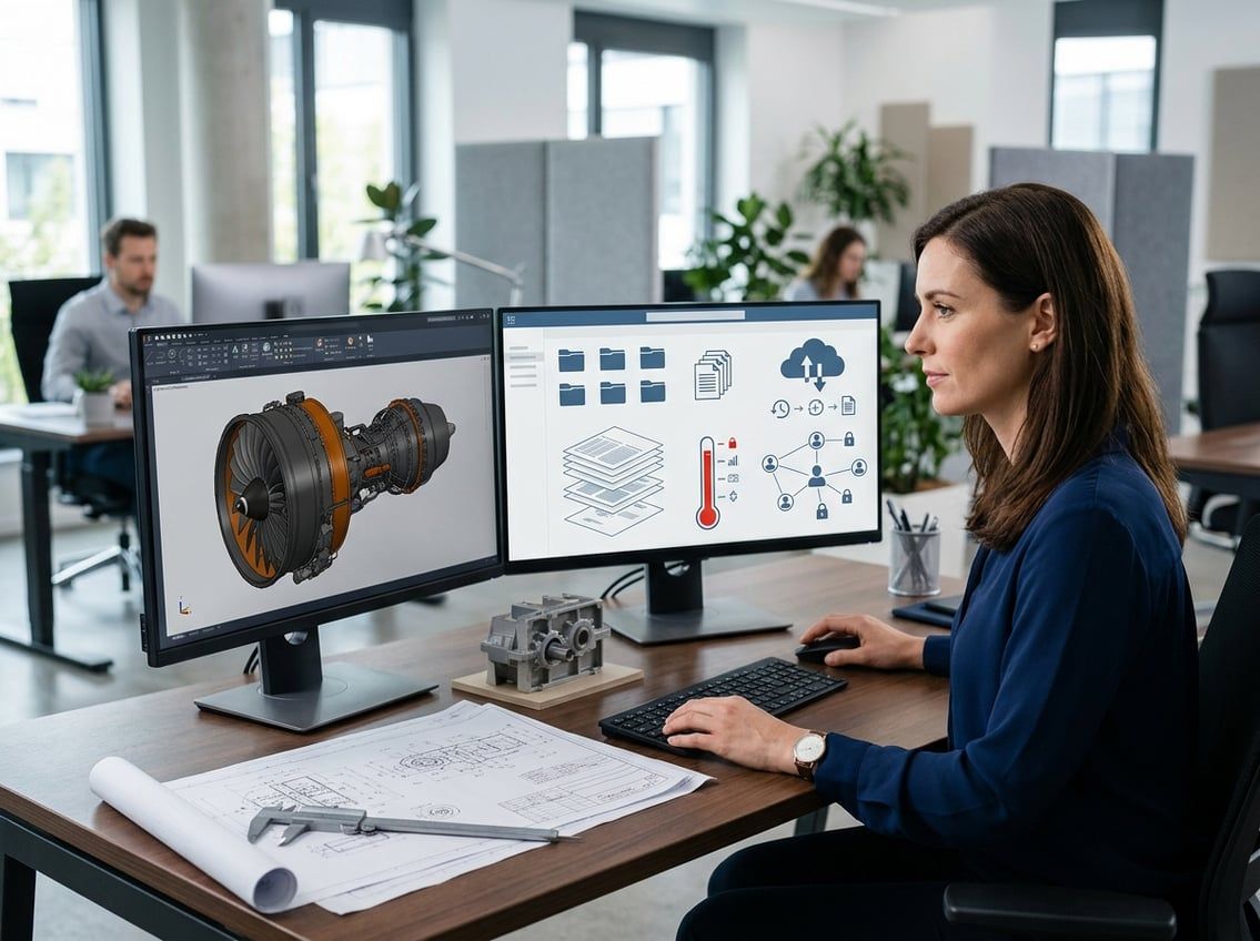 Engineer reviewing folder sync errors on a laptop, illustrating sharepoint limits for cad project files