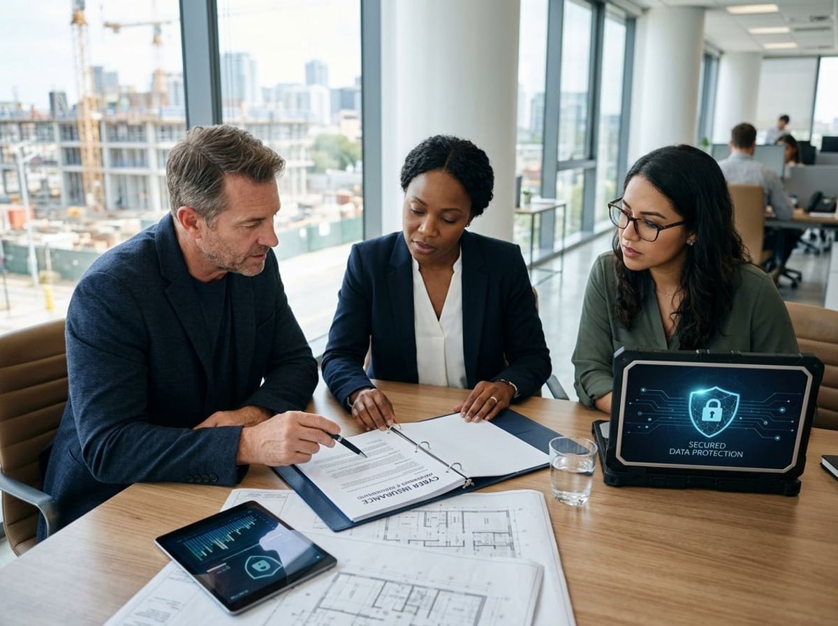 Colleagues examine building plans and a laptop screen while discussing risk coverage