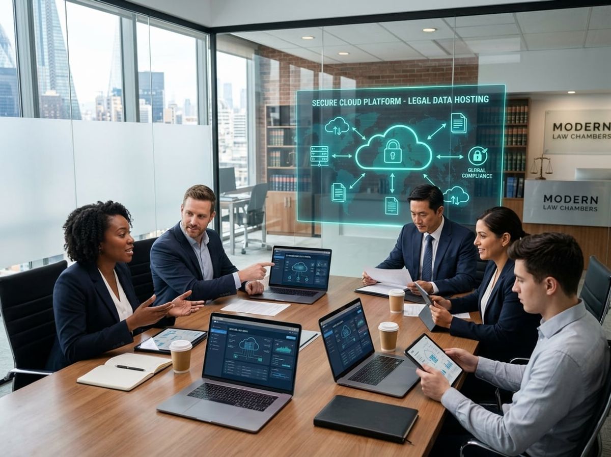 Attorney and IT consultant reviewing encrypted client files on a laptop screen