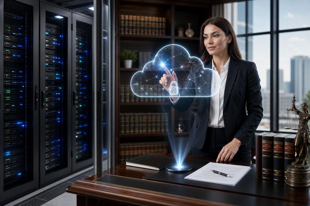 A business professional in a law firm office interacting with a digital cloud icon, with a server room visible in the background.