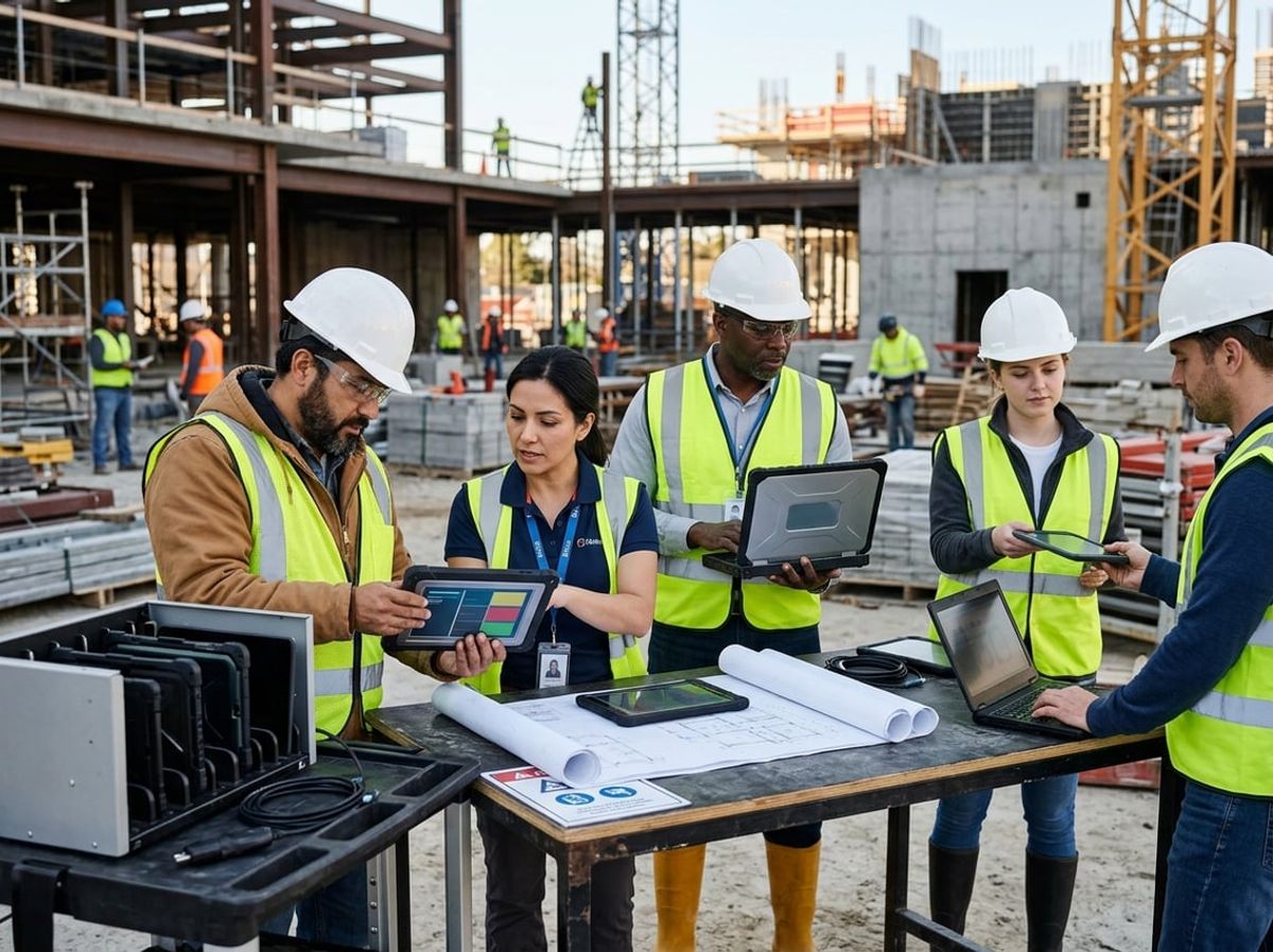 Site workers hand off tablets while a specialist updates user access permissions nearby
