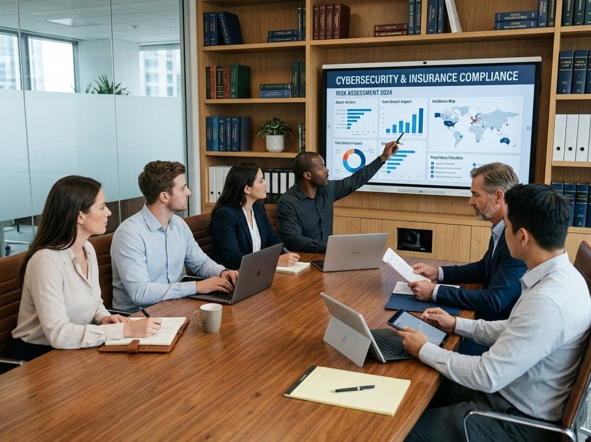 Colleagues in a conference room discussing IT upgrades on a shared digital screen