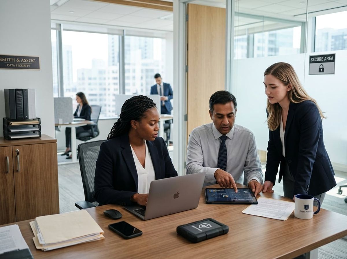 Lawyers and IT advisors meeting to discuss New York compliance obligations for remote staff