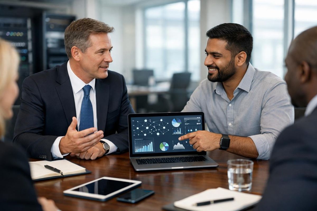 Business professionals in a conference room discussing IT solutions with laptops and documents.