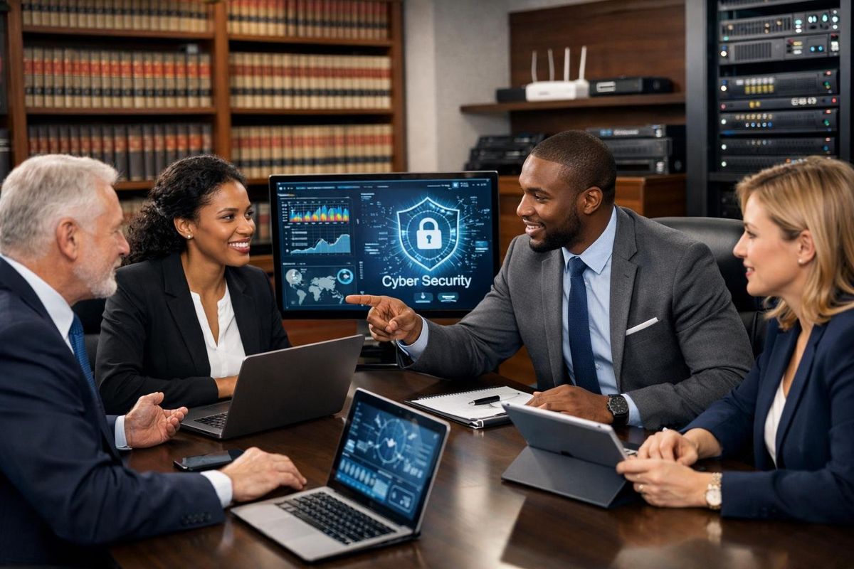 Legal professionals working together around a conference table with laptops and monitors in a modern law office.