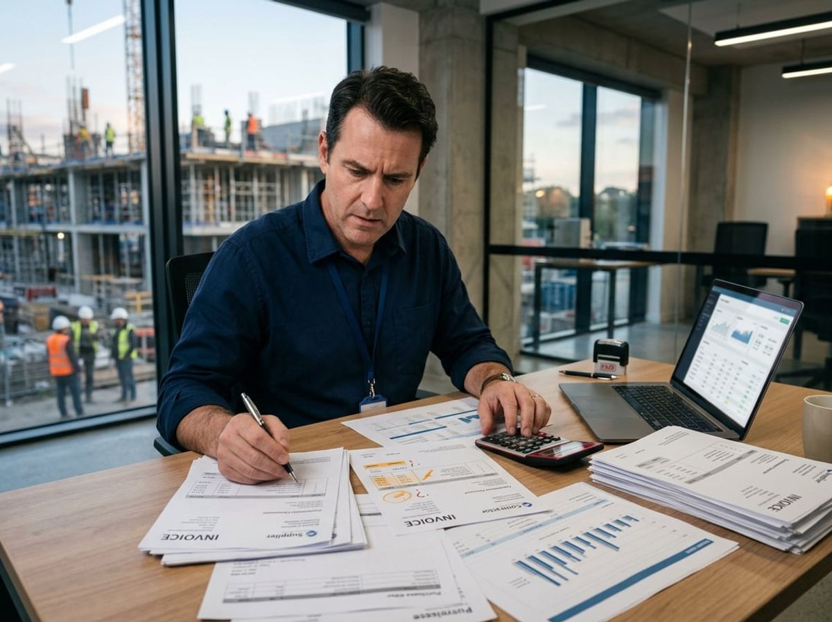 Finance professional cross checking a subcontractor payment against project files at a desk
