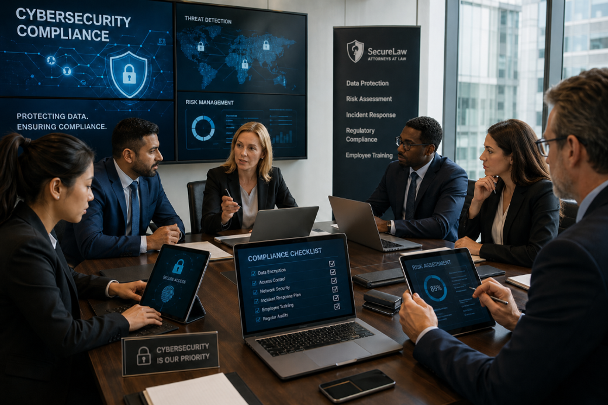 A group of professionals in a law firm working together with digital devices showing cybersecurity visuals in a modern office.