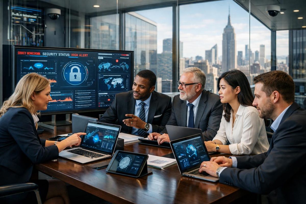 A group of professionals working together in a modern law firm office with laptops and large monitors displaying data, with city buildings visible through glass walls.