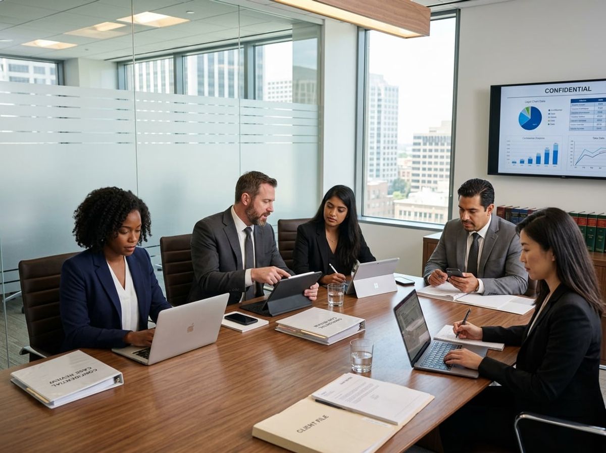 Legal team reviewing device security settings on laptops during a policy planning session