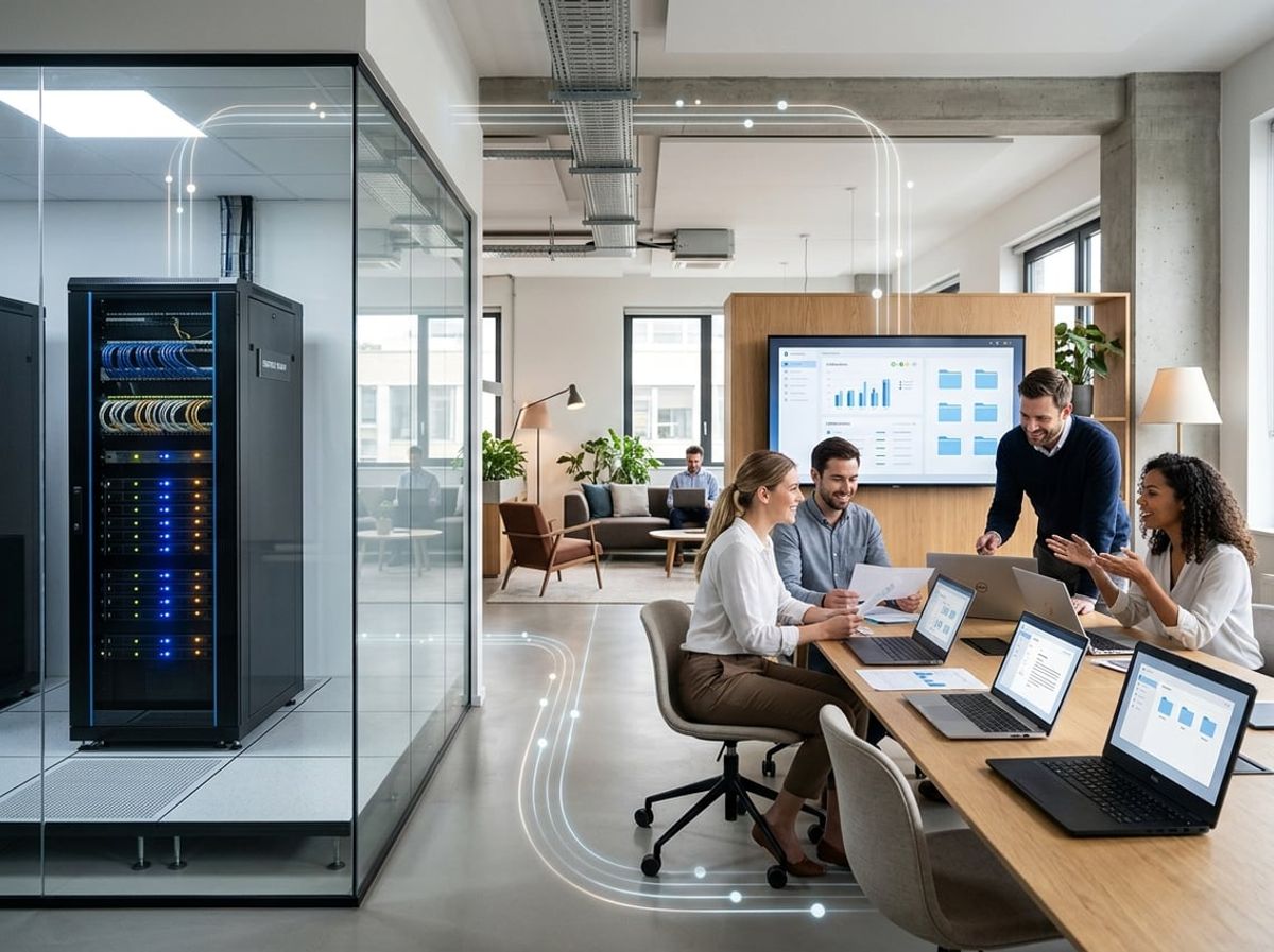 Team members discuss common questions about file server and cloud storage near a shared workstation