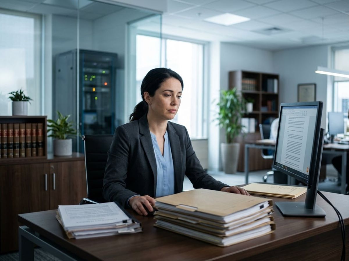 Case files stacked near a law office computer as server warning lights blink faintly