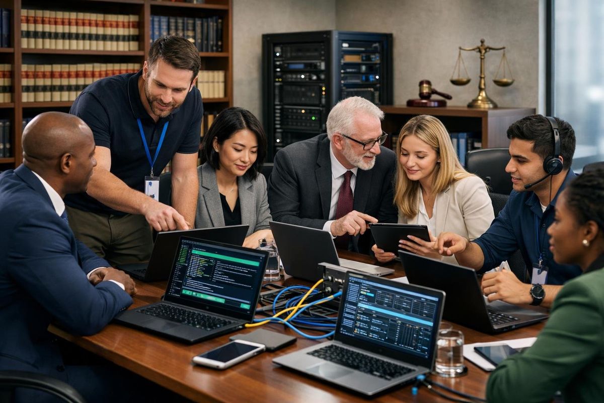 A group of business and IT professionals working together in a law firm office with laptops and digital devices on a conference table.