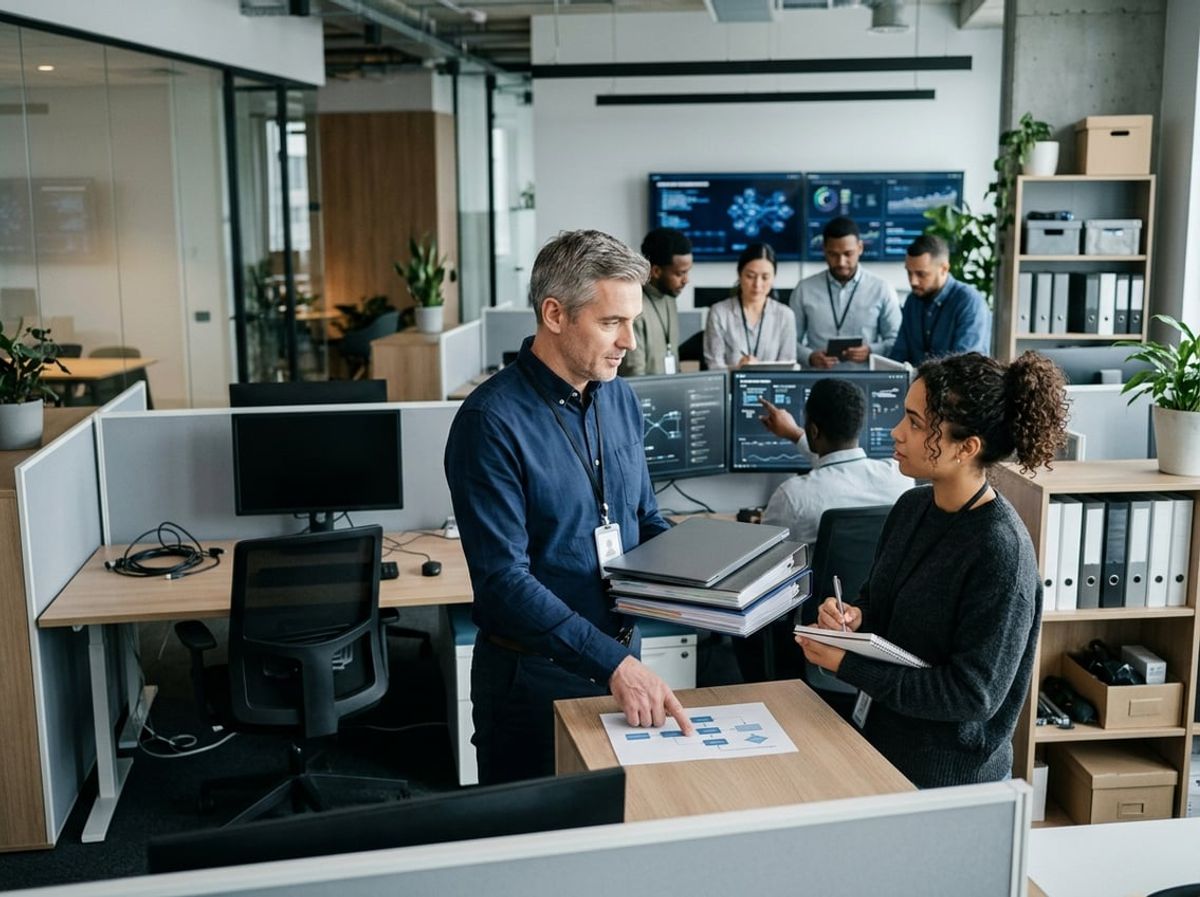A departing technician briefs a replacement staffer on client system configurations before leaving