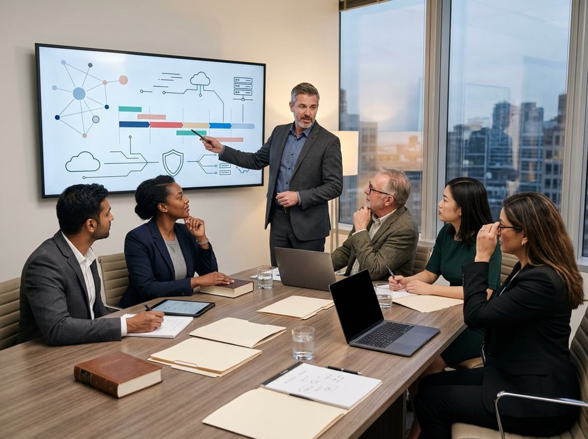 Team reviews a printed technology roadmap spread across a conference table